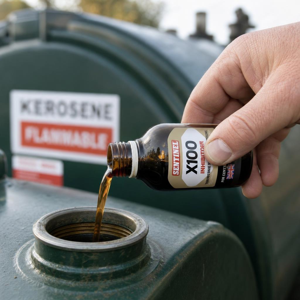 A hand pouring a dark amber kerosene additive into a domestic oil tank filler pipe