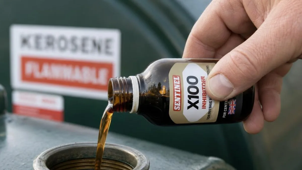 A hand pouring a dark amber kerosene additive into a domestic oil tank filler pipe