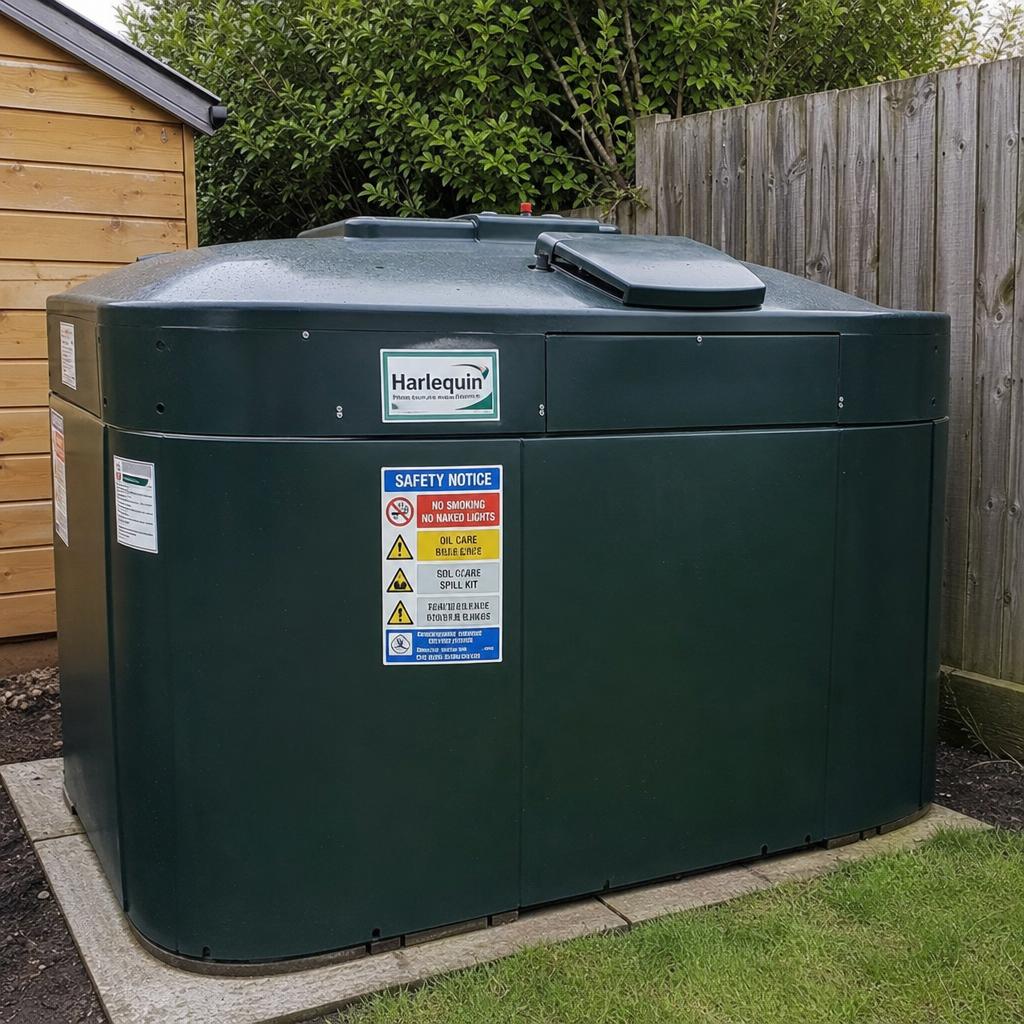 A double-skinned bunded domestic heating oil tank with green containment walls and a warning label in a UK garden