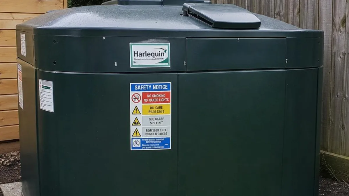 A double-skinned bunded domestic heating oil tank with green containment walls and a warning label in a UK garden
