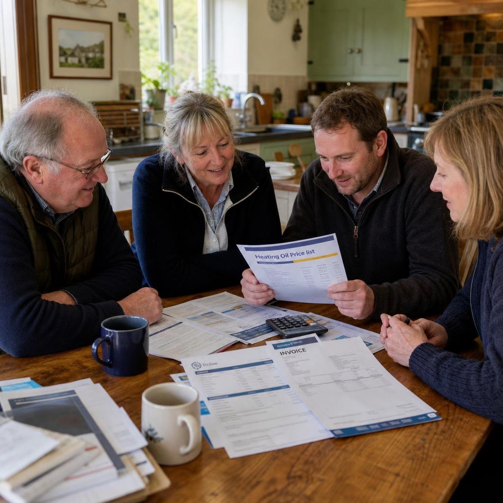 A group of rural UK homeowners gathered around a kitchen table reviewing community heating oil purchase orders
