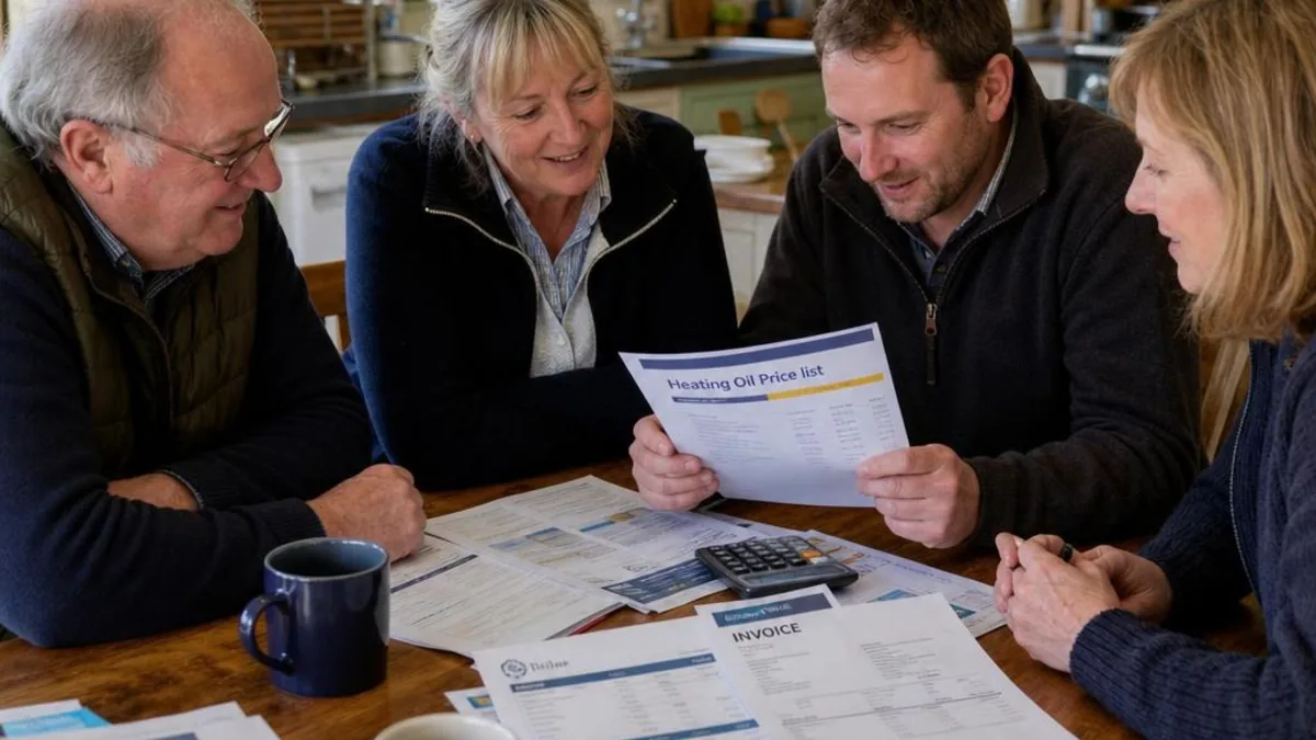 A group of rural UK homeowners gathered around a kitchen table reviewing community heating oil purchase orders