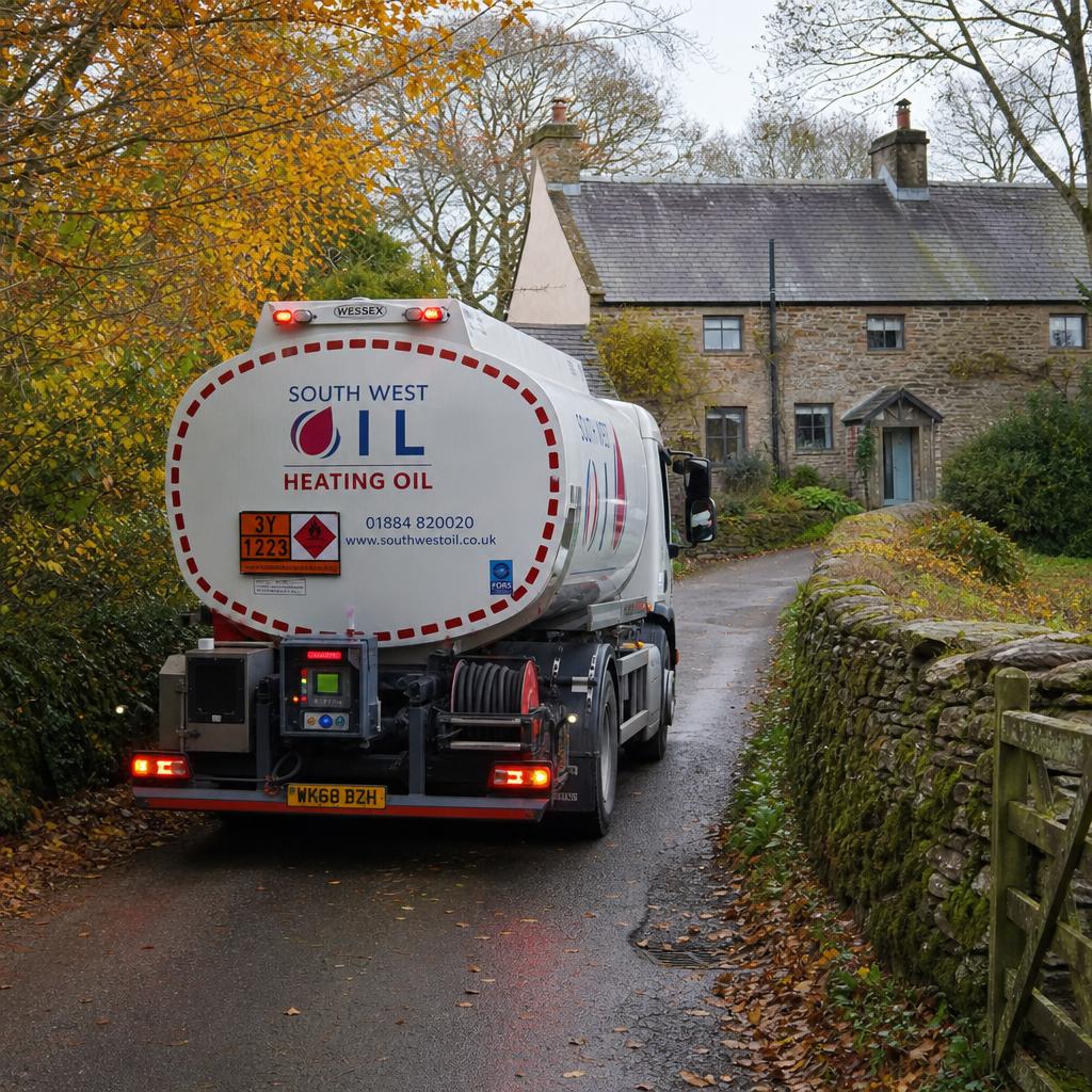 A heating oil delivery tanker navigating a narrow Devon country lane to reach a rural farmhouse