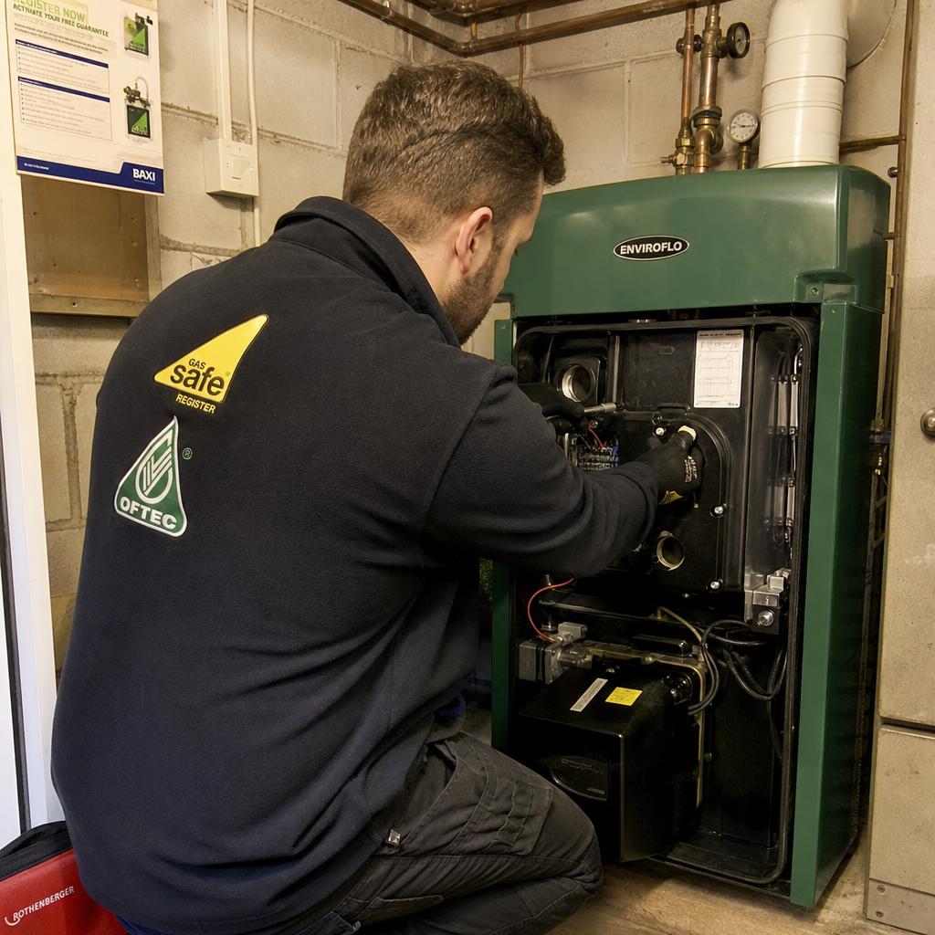 An OFTEC-registered heating engineer in uniform carrying out an annual oil boiler service inside a UK boiler room