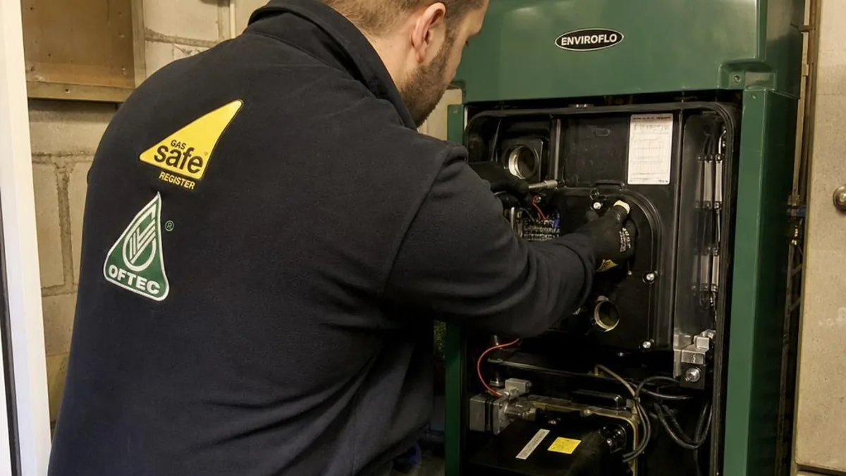 An OFTEC-registered heating engineer in uniform carrying out an annual oil boiler service inside a UK boiler room