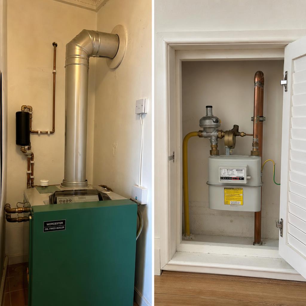 Side-by-side comparison of an oil boiler flue pipe and a mains gas meter in UK homes