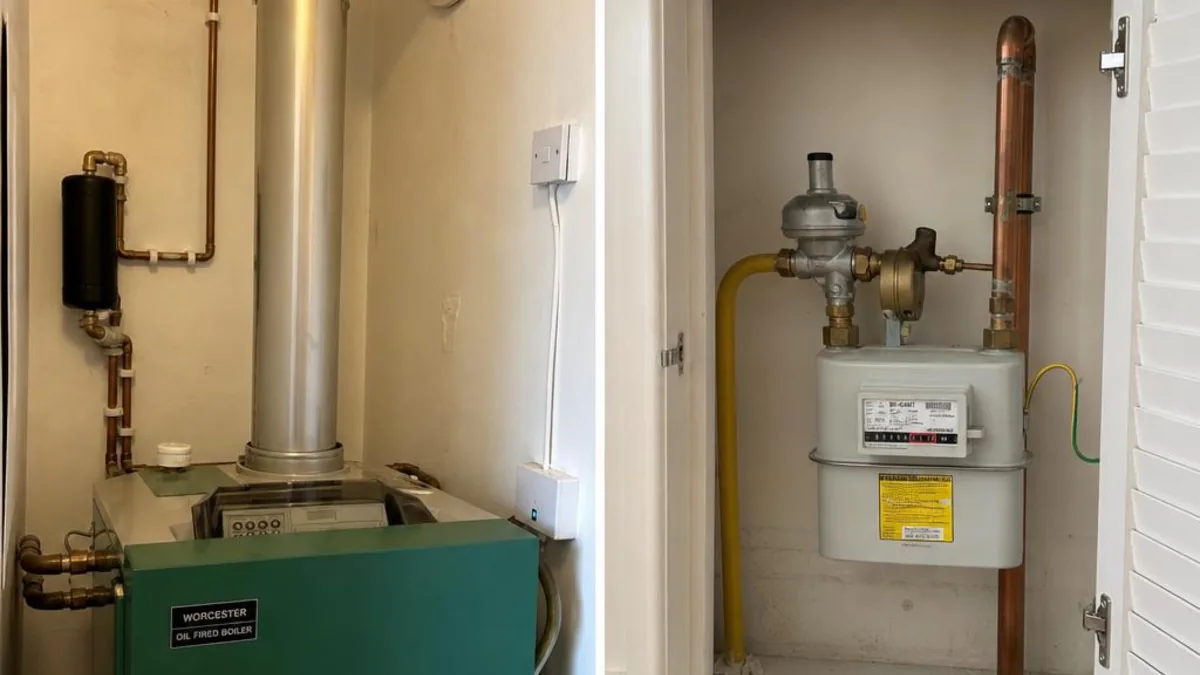 Side-by-side comparison of an oil boiler flue pipe and a mains gas meter in UK homes
