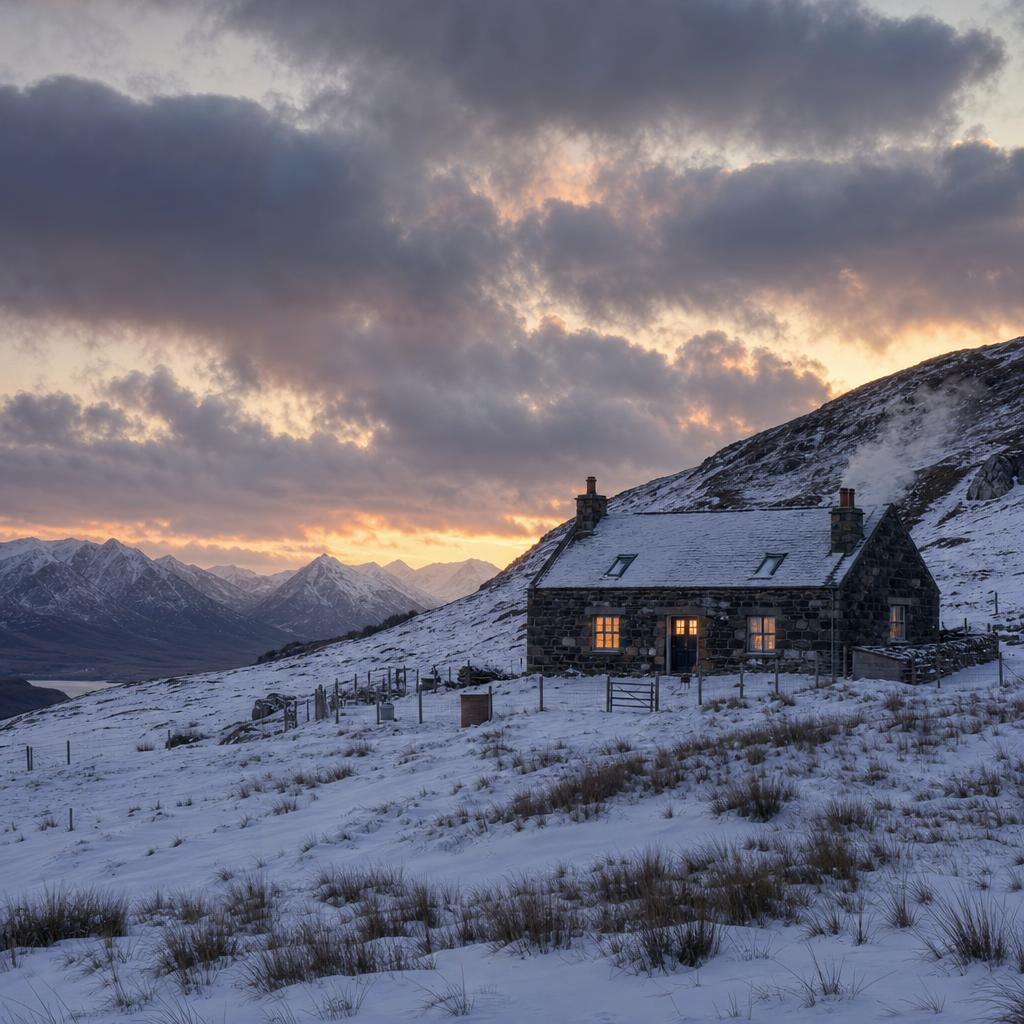 A remote stone farmhouse on a Scottish hillside in winter snow, dependent on oil heating with no mains gas connection