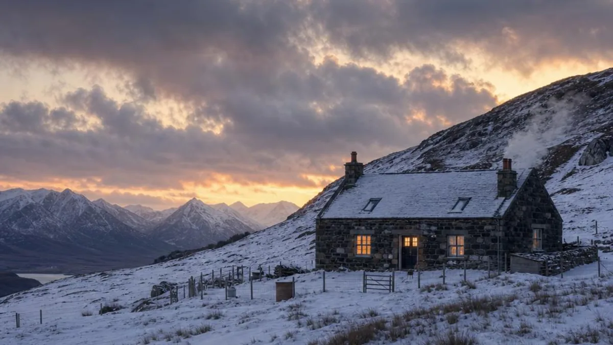 A remote stone farmhouse on a Scottish hillside in winter snow, dependent on oil heating with no mains gas connection