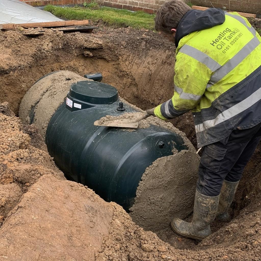 A heating engineer installing an underground oil storage tank into an excavated garden in the UK