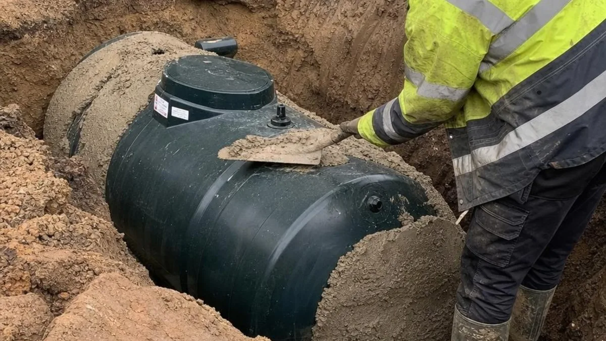 A heating engineer installing an underground oil storage tank into an excavated garden in the UK