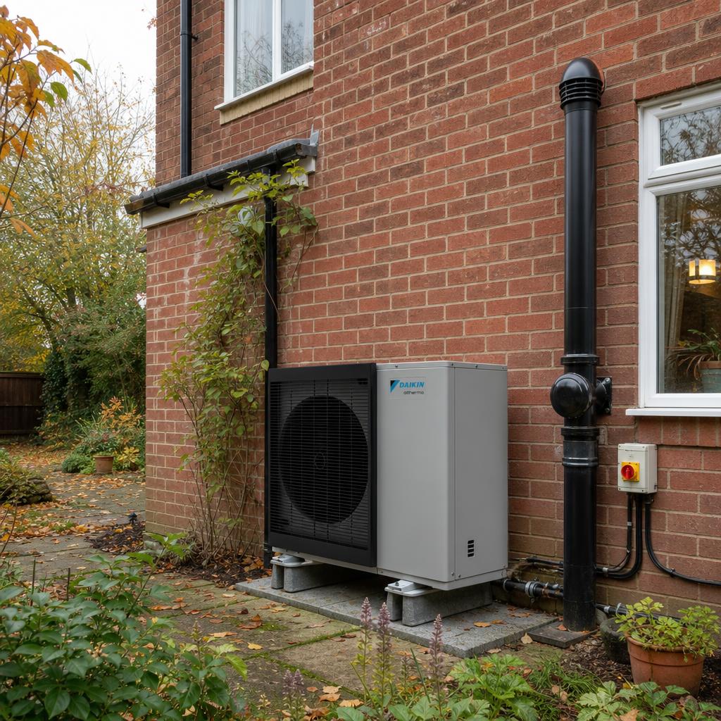 An air source heat pump unit installed beside a traditional oil boiler flue