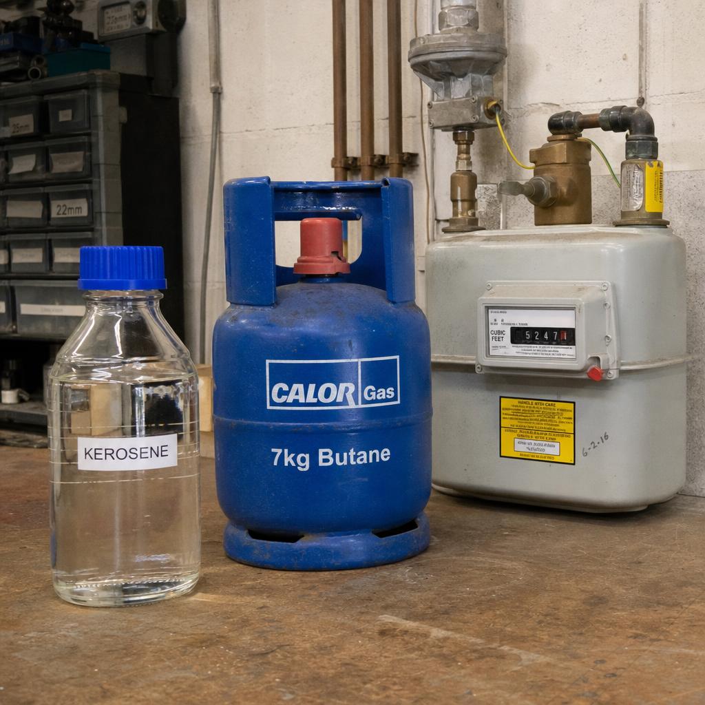 Sample bottles of heating fuels including kerosene, LPG canister and a gas meter