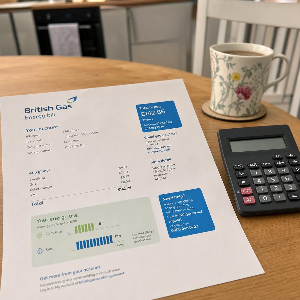 A heating oil invoice and pocket calculator on a kitchen table