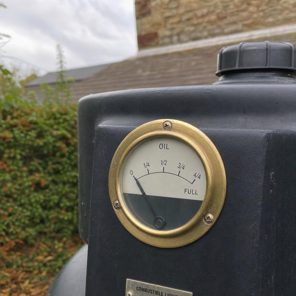 An oil tank level gauge showing a quarter-full reading on a black plastic tank