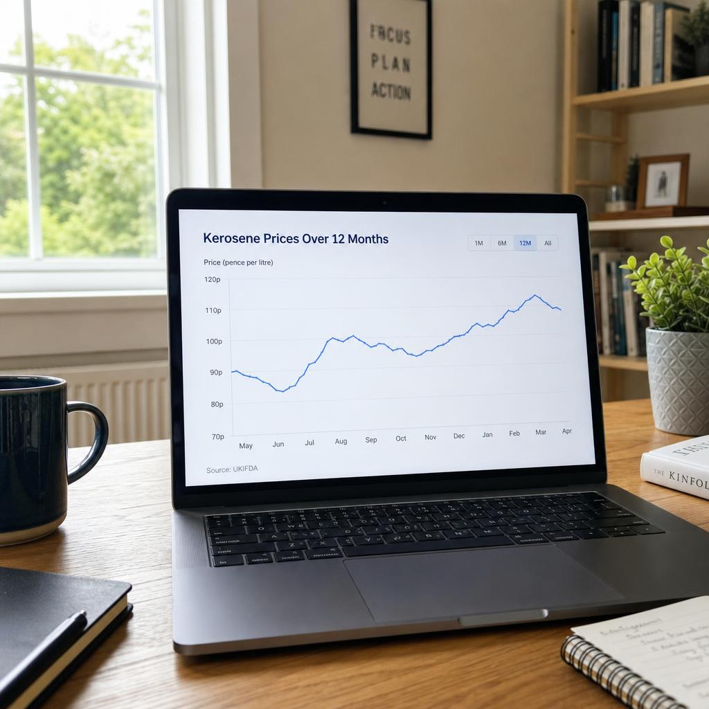 A laptop screen showing a kerosene price trend chart over 12 months